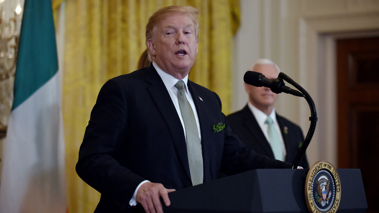 Donald Trump speaking at the Shamrock Bowl Presentation with the Prime Minister Leo Varadkar of Ireland at the White House