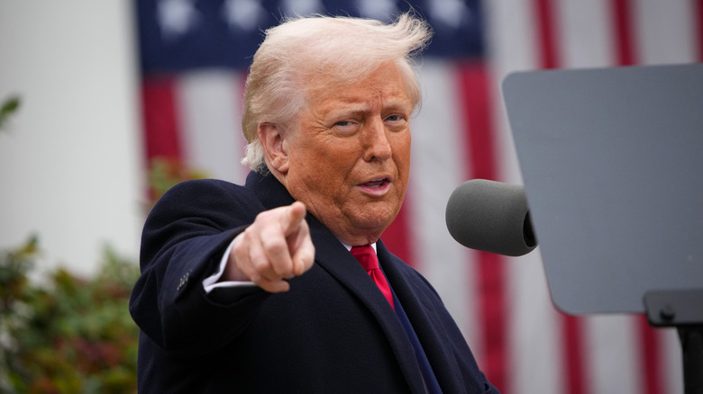 President Donald Trump gesturing while speaking during a "Make America Wealthy Again" trade announcement event in the Rose Garden at the White House