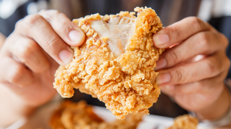 hands holding a piece of fried chicken