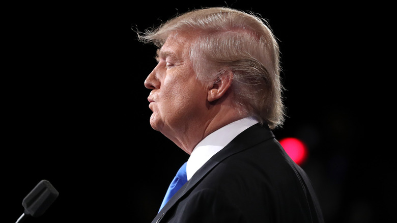 Republican presidential nominee Donald Trump gesturing during the Presidential Debate at Hofstra University