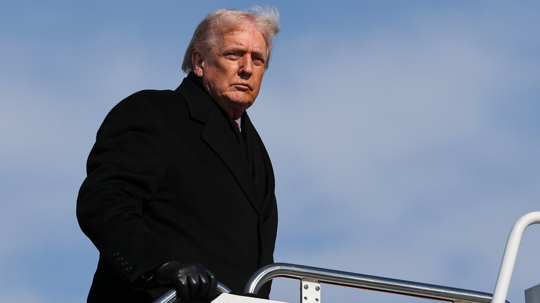 President Donald Trump walking up the stairs into an airplane