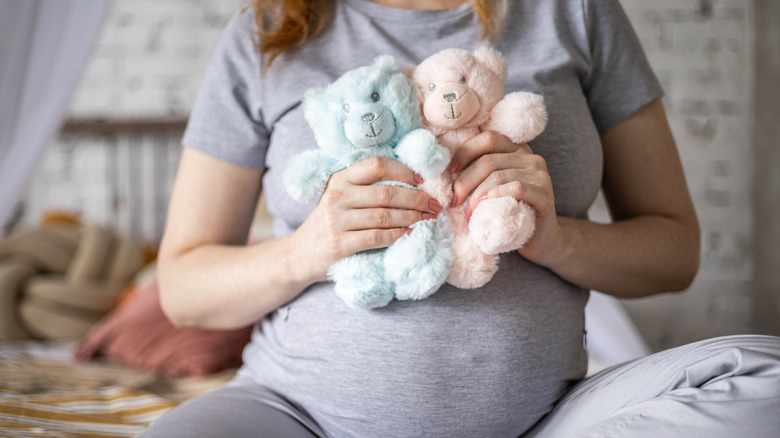 Women holding two teddy bears on pregnant belly.
