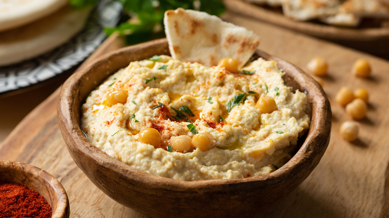 Chickpeas on hummus in a bowl