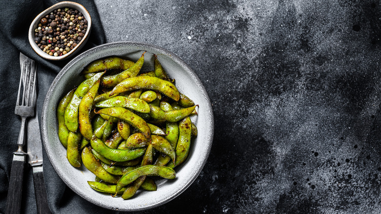 Bowl of cooked edamame