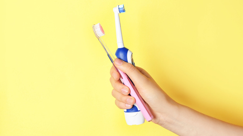 Hand holding toothbrushes