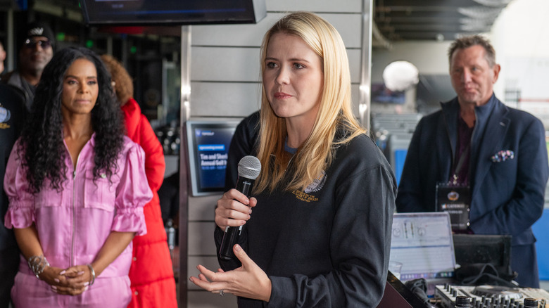 Elizabeth Smart speaking at "Touchdowns on the Green", the Inaugural Tim & Sherice Brown Celebrity Golf Invitational to Blitz Human Trafficking before Super Bowl LVIII at Topgolf Las Vegas