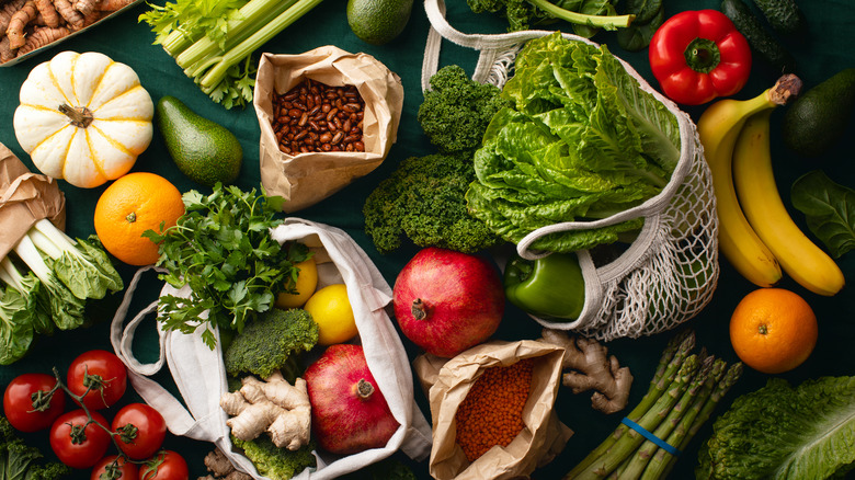 Colorful array of whole plant-based foods