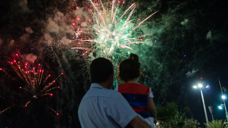 Father holding young daughter watching fireworks display