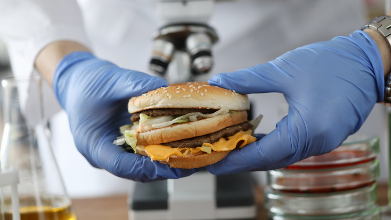 Scientist's gloved hands holding hamburger