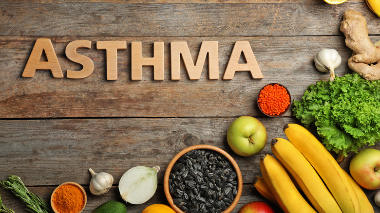 word Asthma with fruits and vegetables