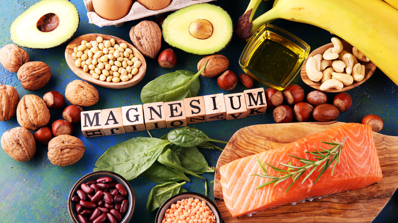 magnesium blocks surrounded by magnesium-rich foods