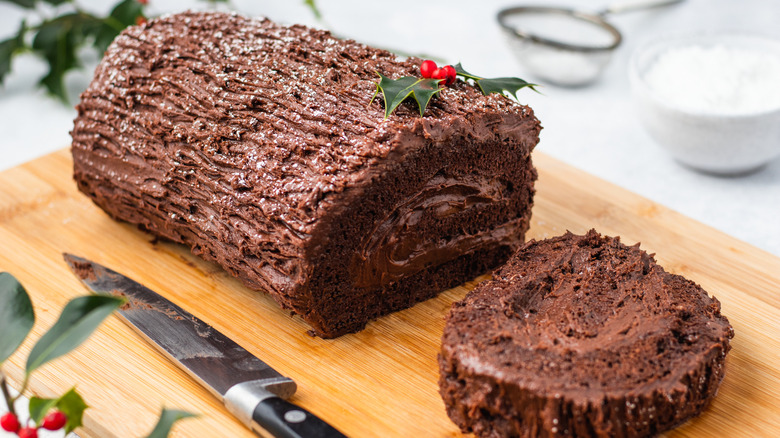 yule log on cutting board 