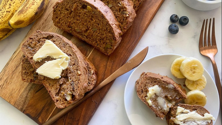 sliced banana bread with butter