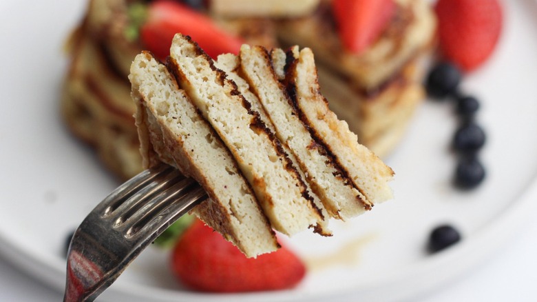 healthy Greek yogurt pancakes on a fork