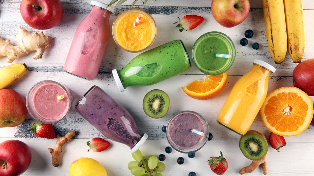 assortment of smoothies and fruit