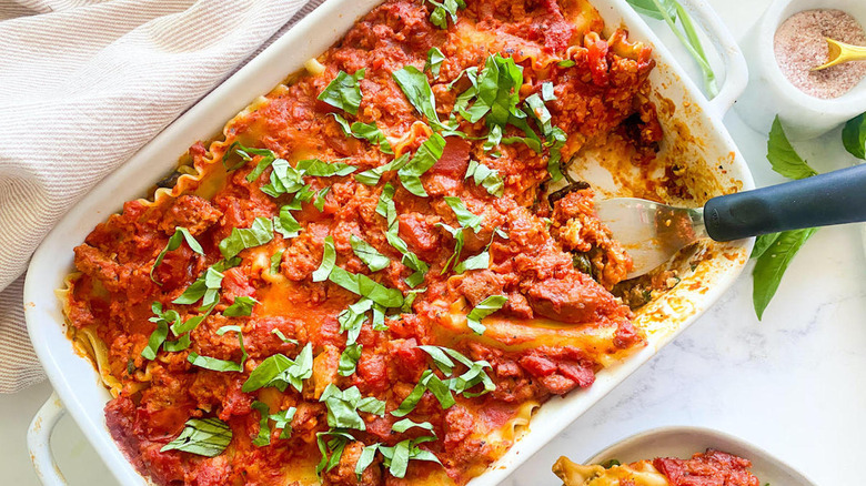 healthy lasagna in dish