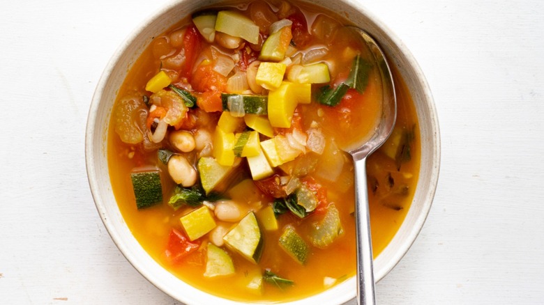 vegetable soup in white bowl