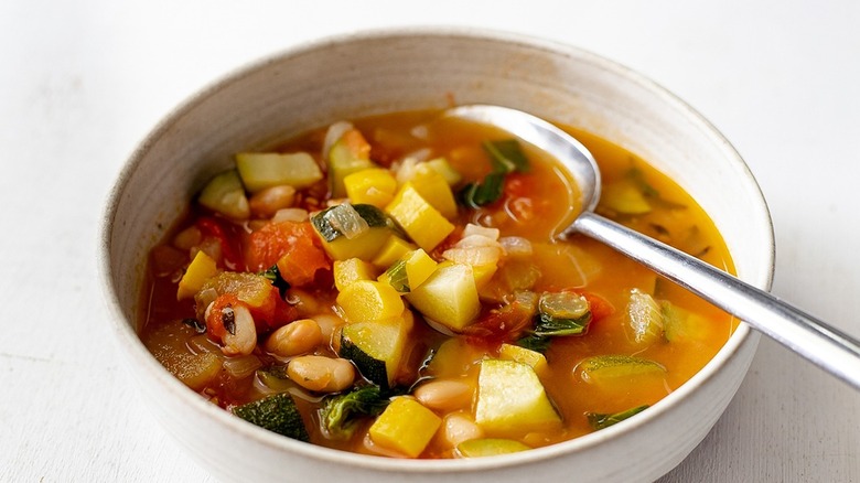 vegetable soup in white bowl