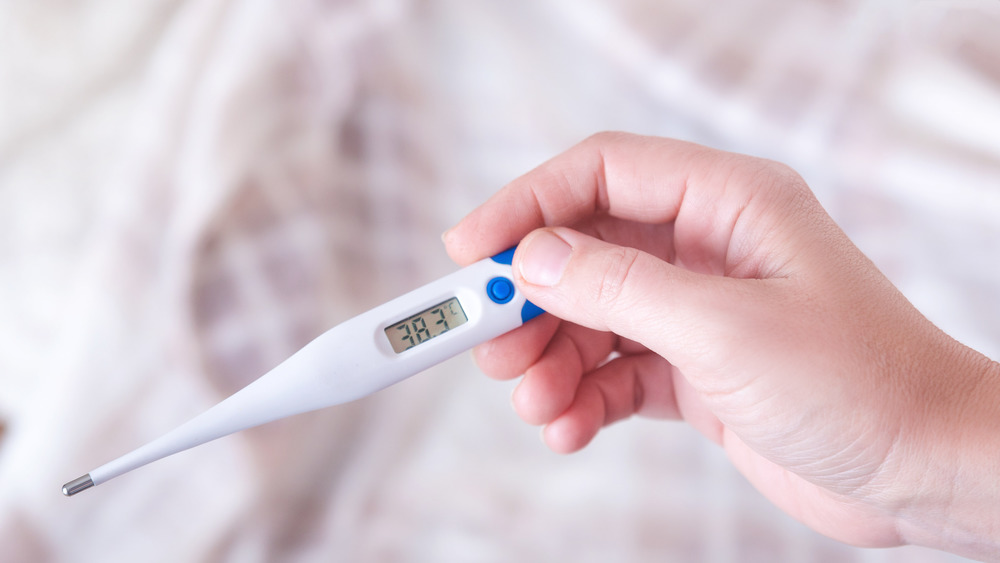 person holding a digital thermometer