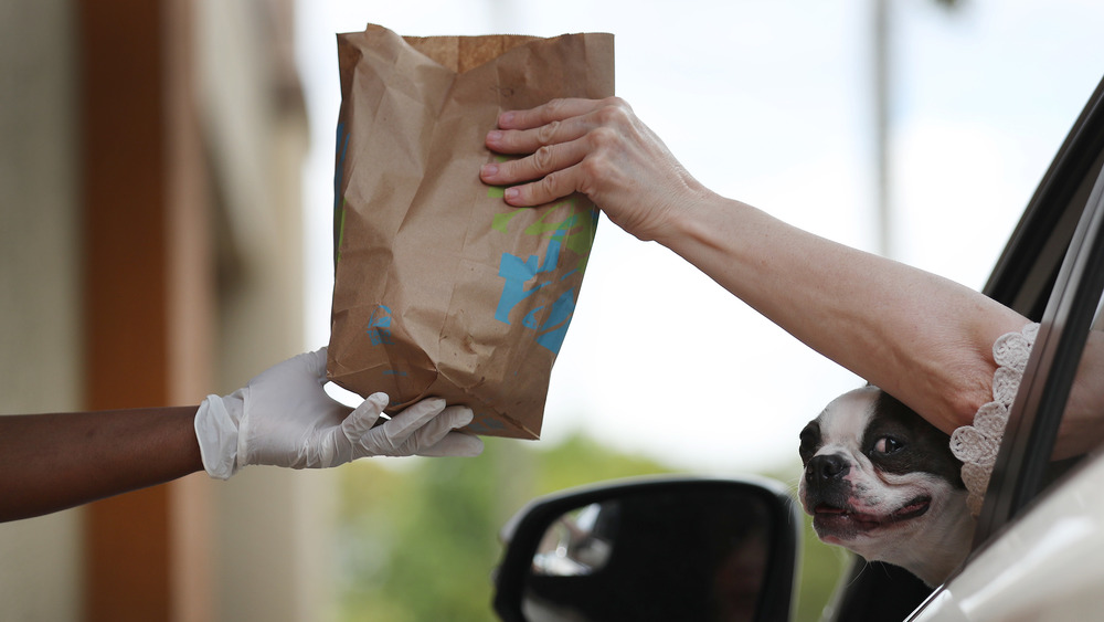 A dog peeks out as a Taco Bell employee delivers an order to a customer 