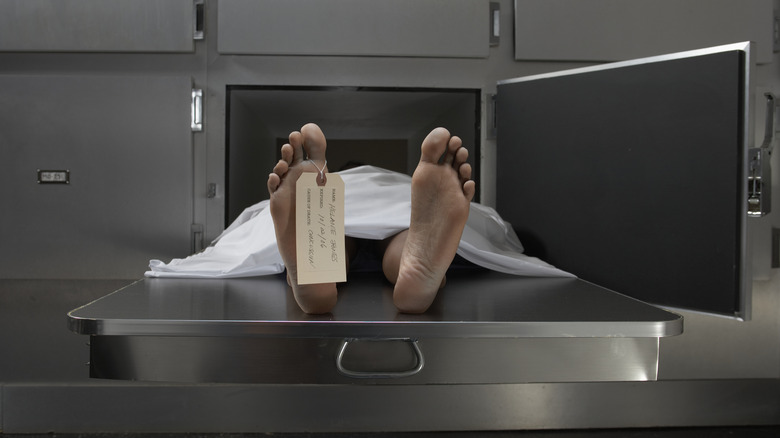 Feet of dead person in morgue