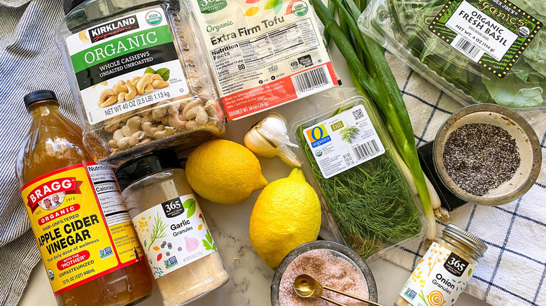tofu, cashews, produce, and seasonings