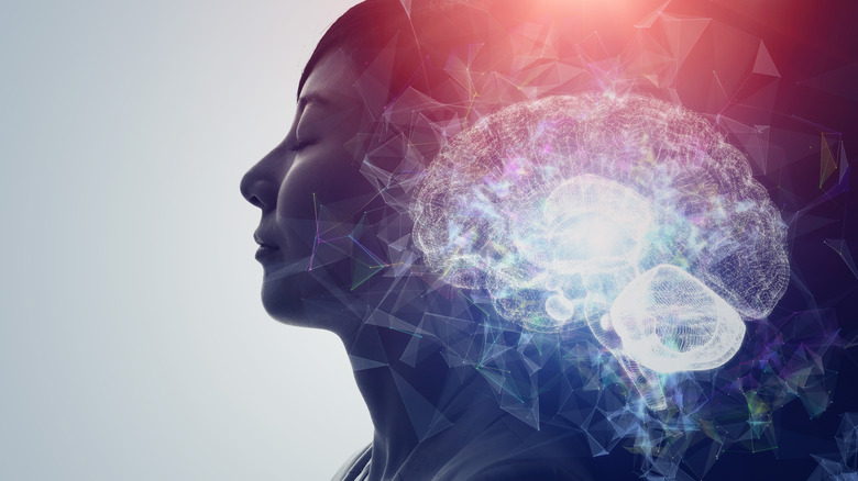woman with eyes closed and brain