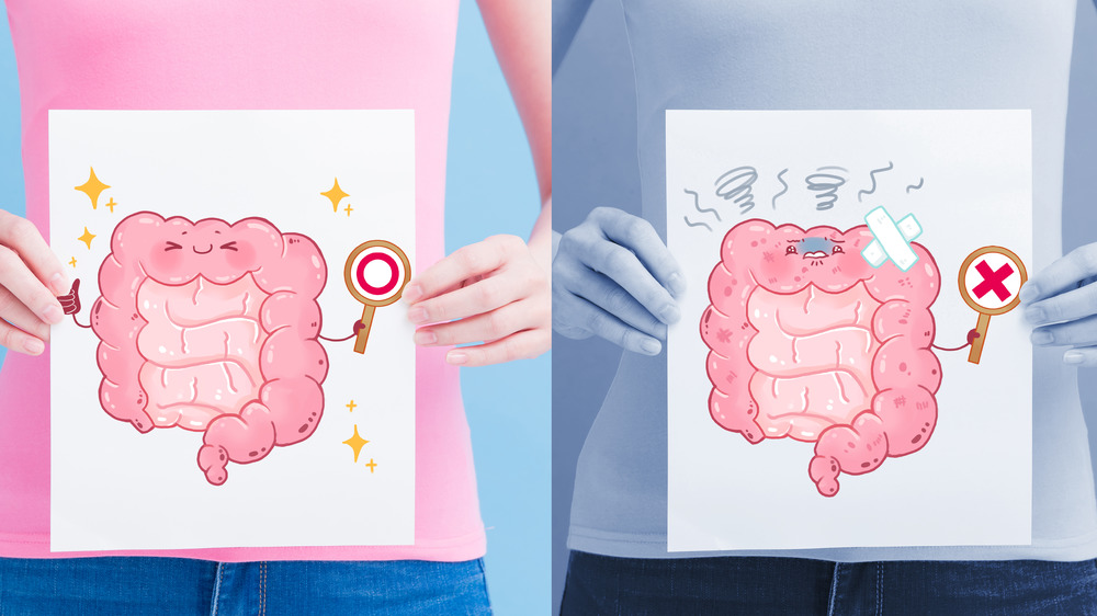 Woman holding intestine illustrations on her stomach