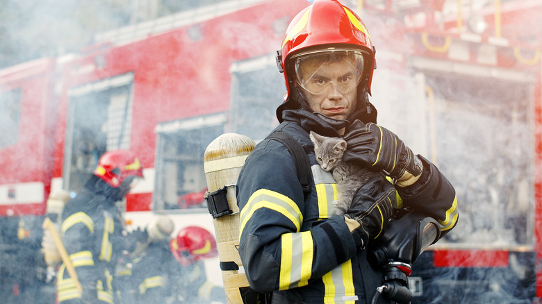 firefighter holding a kitten, surrounded by smoke