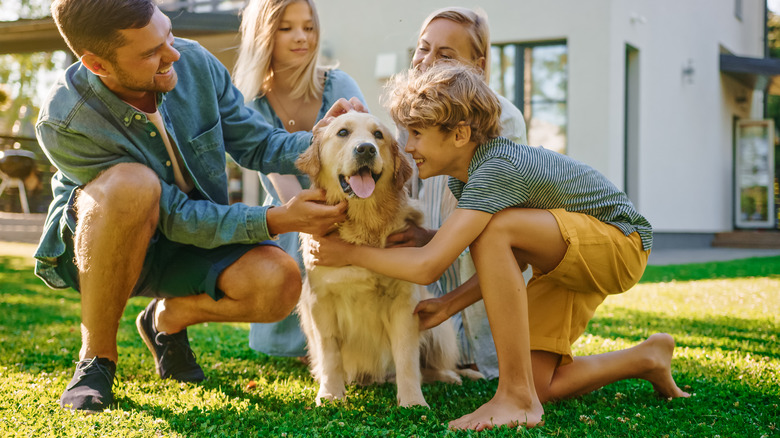 Family of four smiling and petting their golden retriever outside in the yard