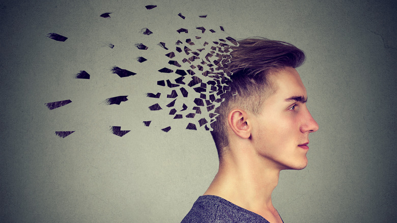 Pieces floating away from person's head