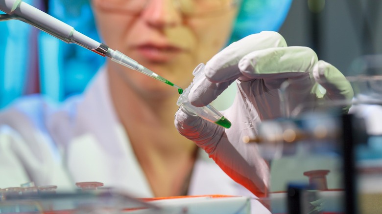 Researcher pipetting liquid into a vial