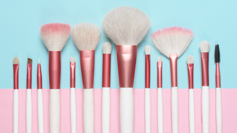 Set of makeup brushes on pink and aqua colored background