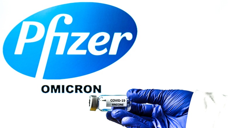 Pfizer logo and bottle of vaccine