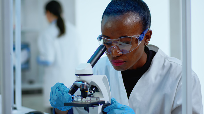 Scientist looking through microscope