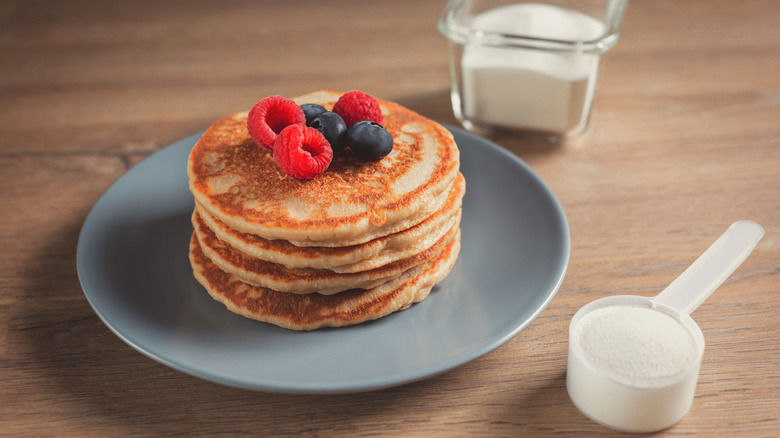 pancakes with scoop of whey protein