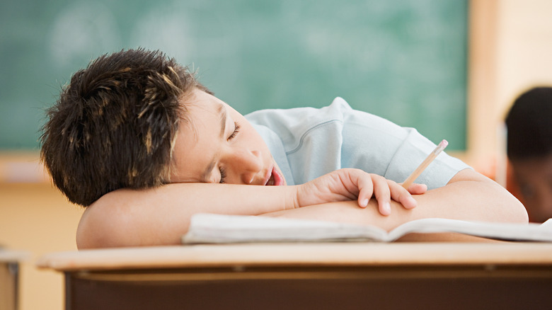 boy asleep in his book during class