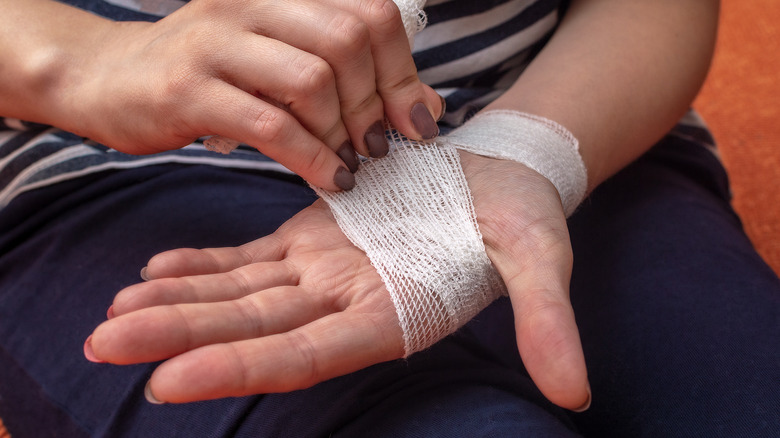 wrist wrapped in gauze