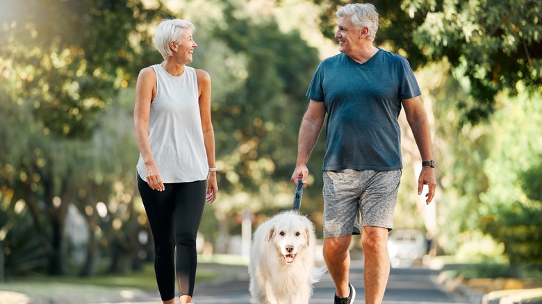 middle-aged couple walking their dog