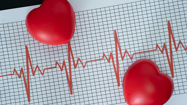 two puffed hearts on top of a graphic chart of EKG