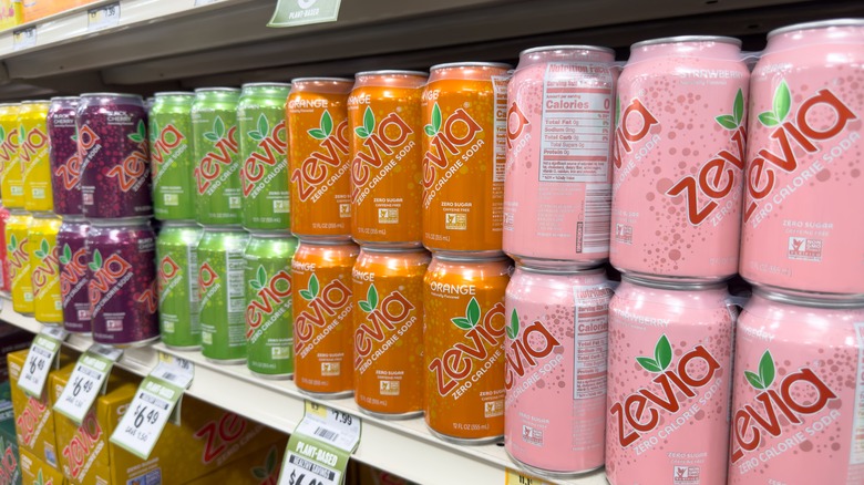 Cans of Zevia on grocery store shelf