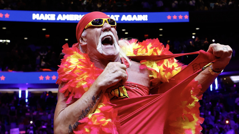 Hulk Hogan at a 2024 political rally tearing off his shirt