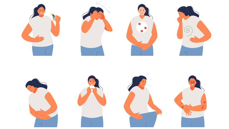 Cartoon woman acting out several side effects