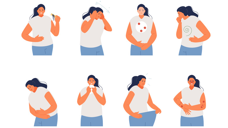 Cartoon woman acting out several side effects