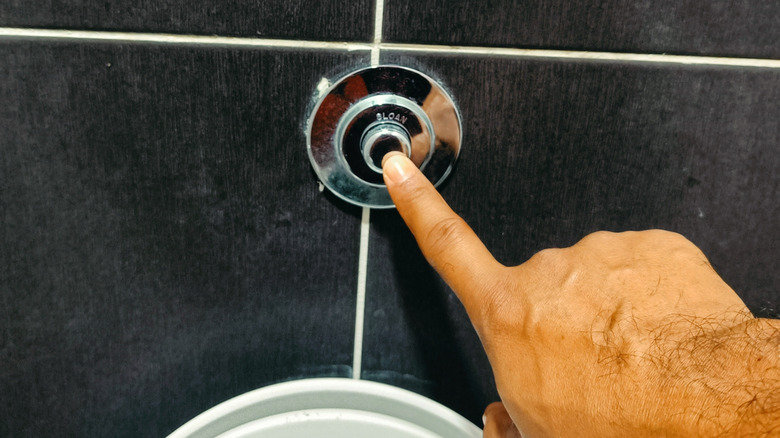 person pushing flush button for toilet