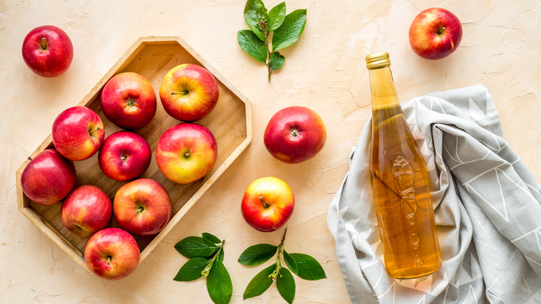 apple cider vinegar bottle and apples