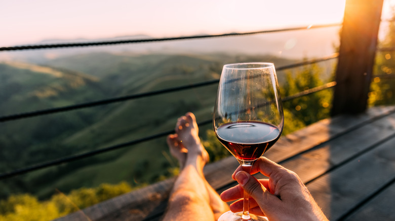 A person holding a glass of wine while enjoying the sunset on a porch