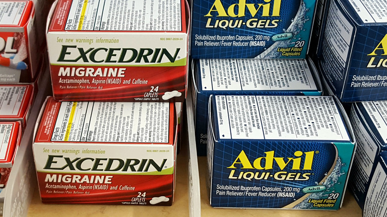 Boxes of Excedrin and boxes of Advil