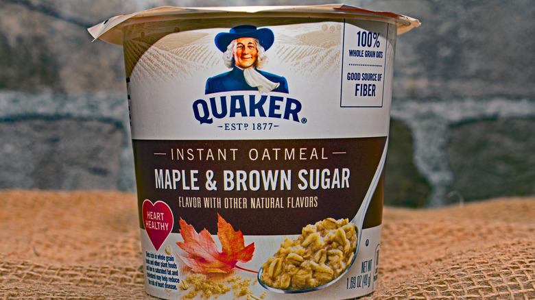 An individual serving of Quaker oats with brown sugar and maple syrup 