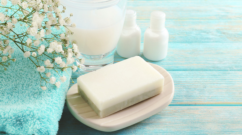 Bar soap on a soap dish